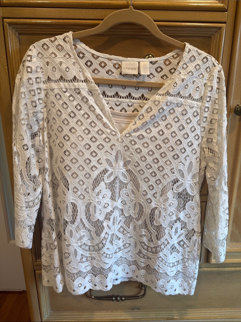 Chico's White Crochet Lace V-Neck Tunic